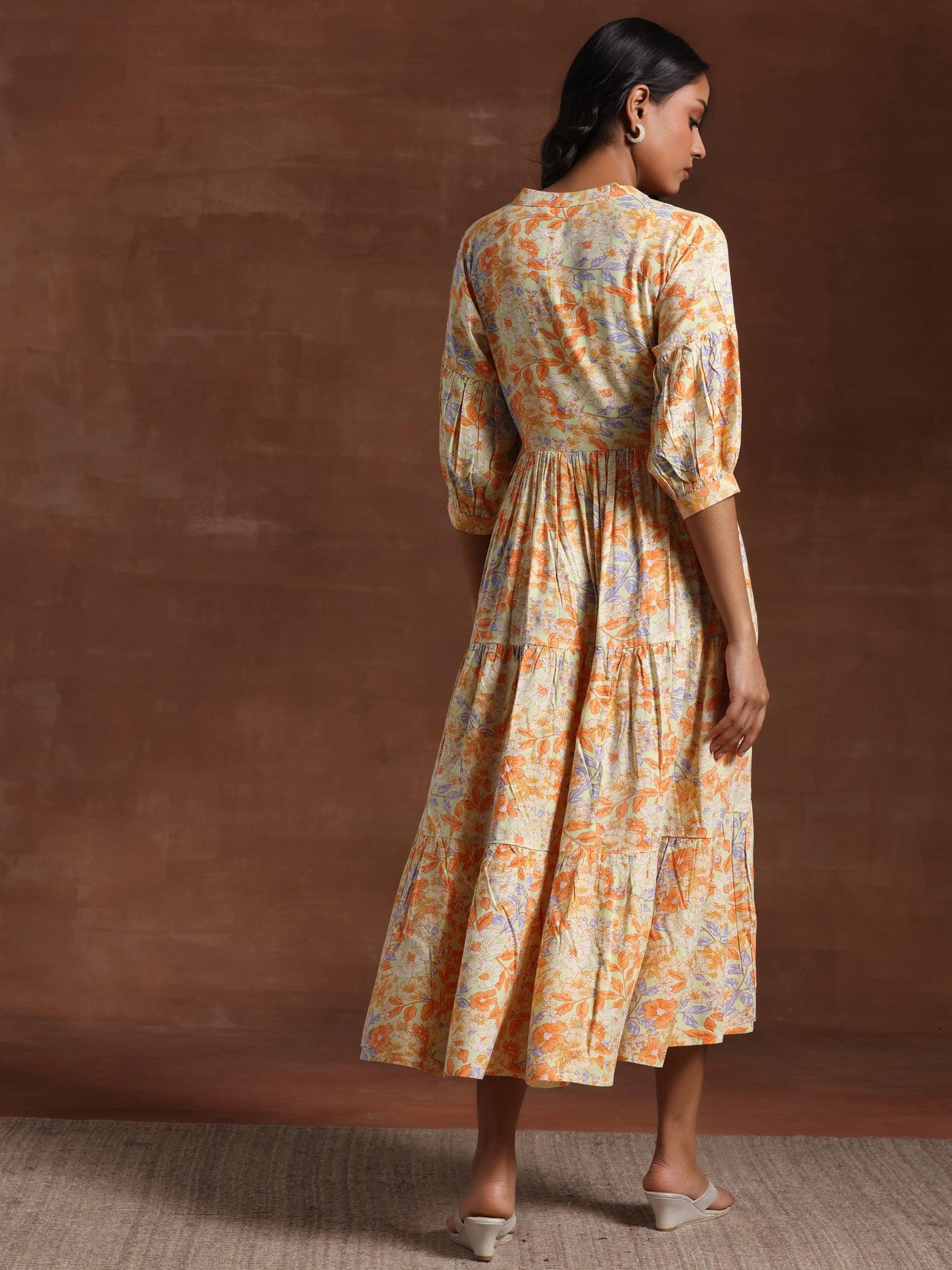 Yellow Printed Rayon Fit and Flare Dress - Libas