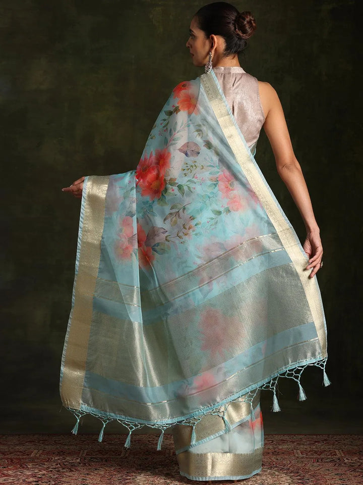 Turquoise Printed Silk Blend Saree With Unstitched Blouse Piece - Libas