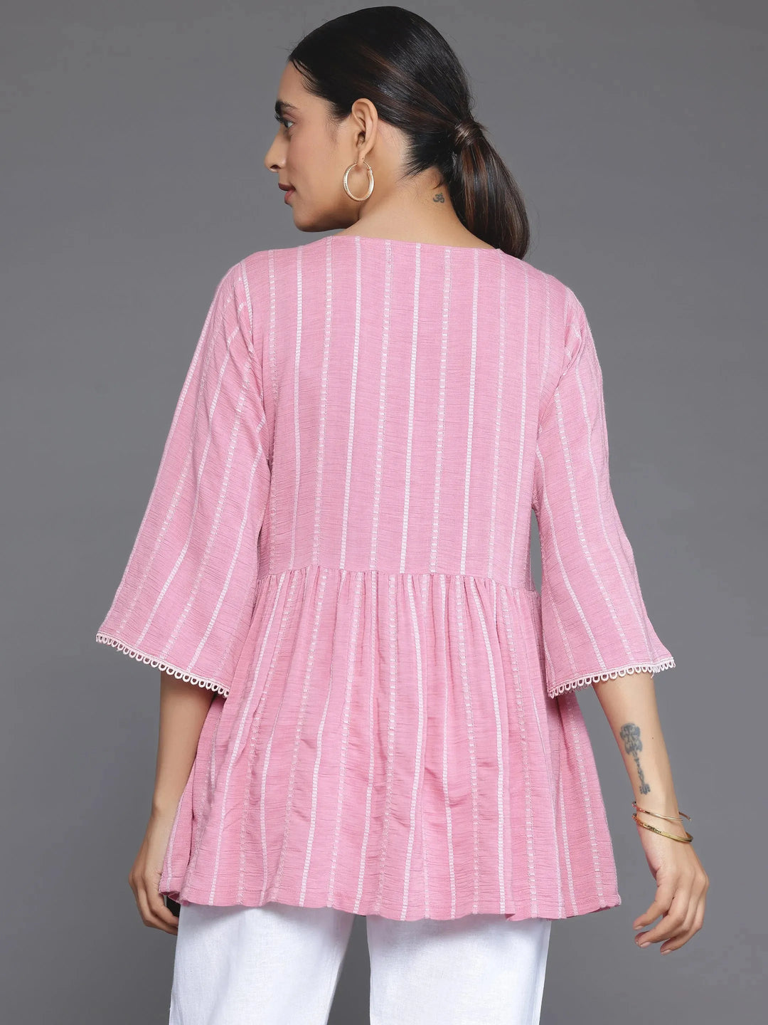  Pink Woven Design Cotton Blend A-Line Kurti 