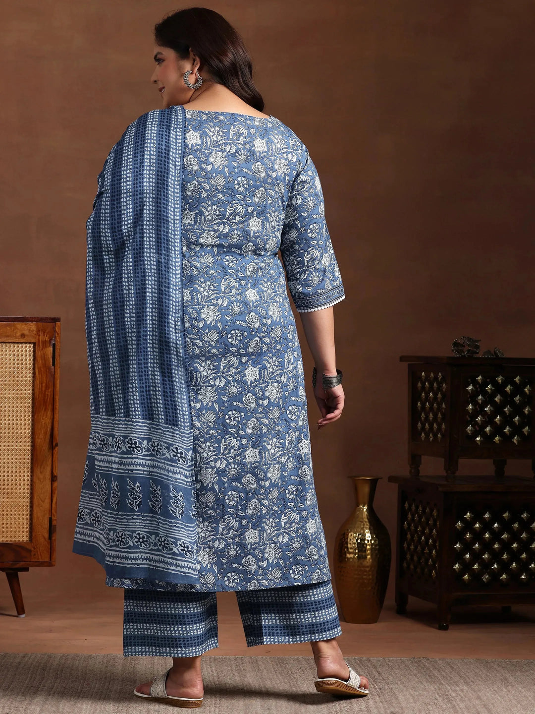  Plus Size Blue Printed Cotton Straight Suit With Dupatta 