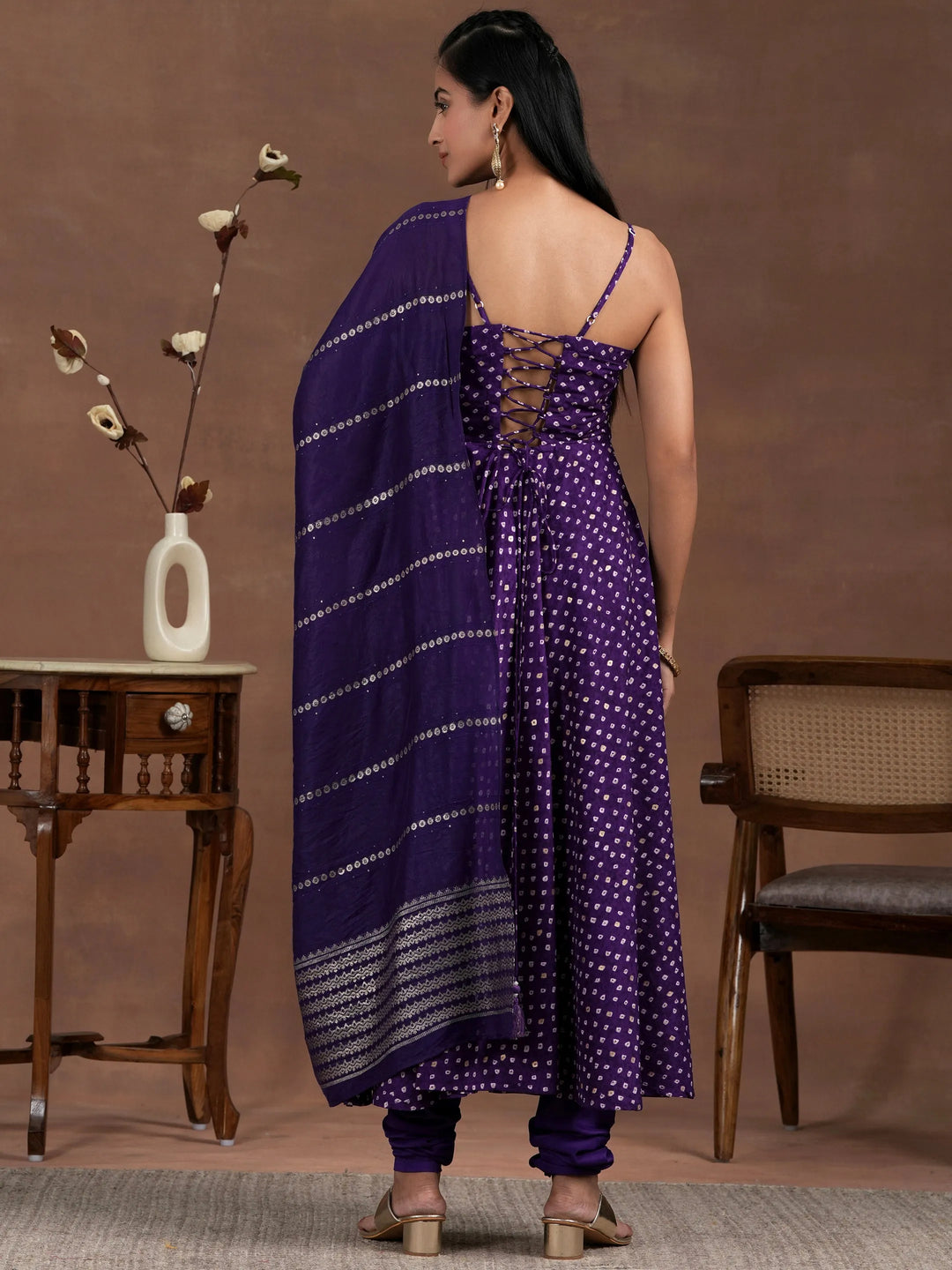  Purple Printed Silk Blend Anarkali Suit With Dupatta 