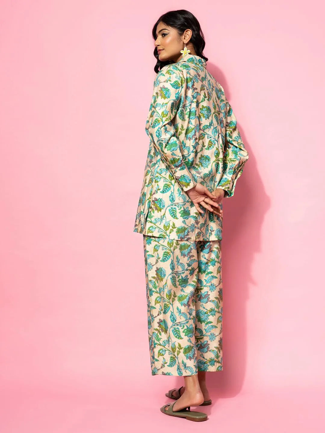 Beige Printed Silk Blend Co-Ords - Libas 