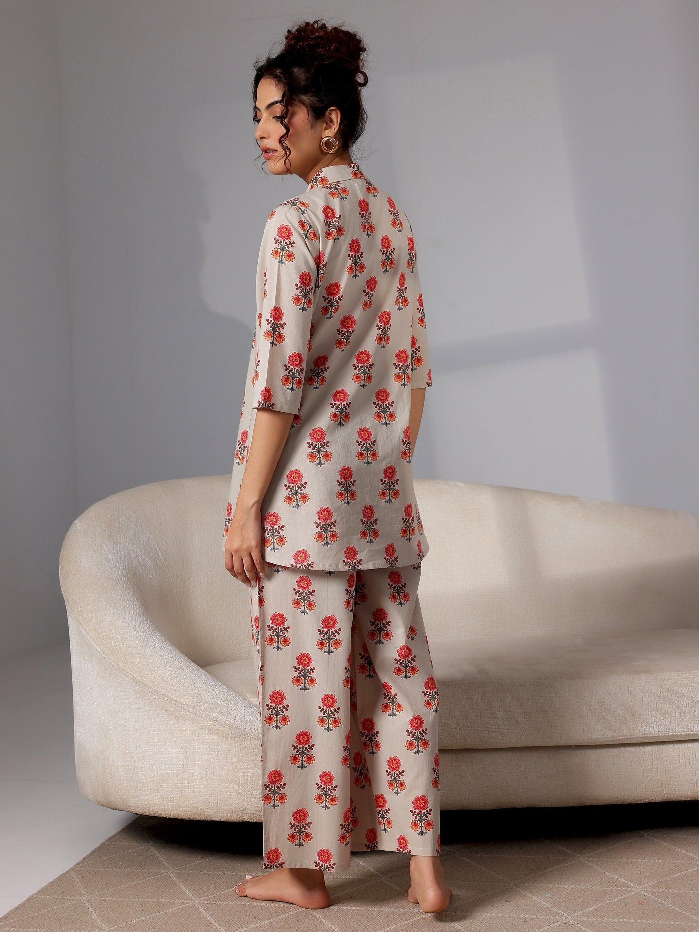 Beige Printed Cotton Night Suits - Libas