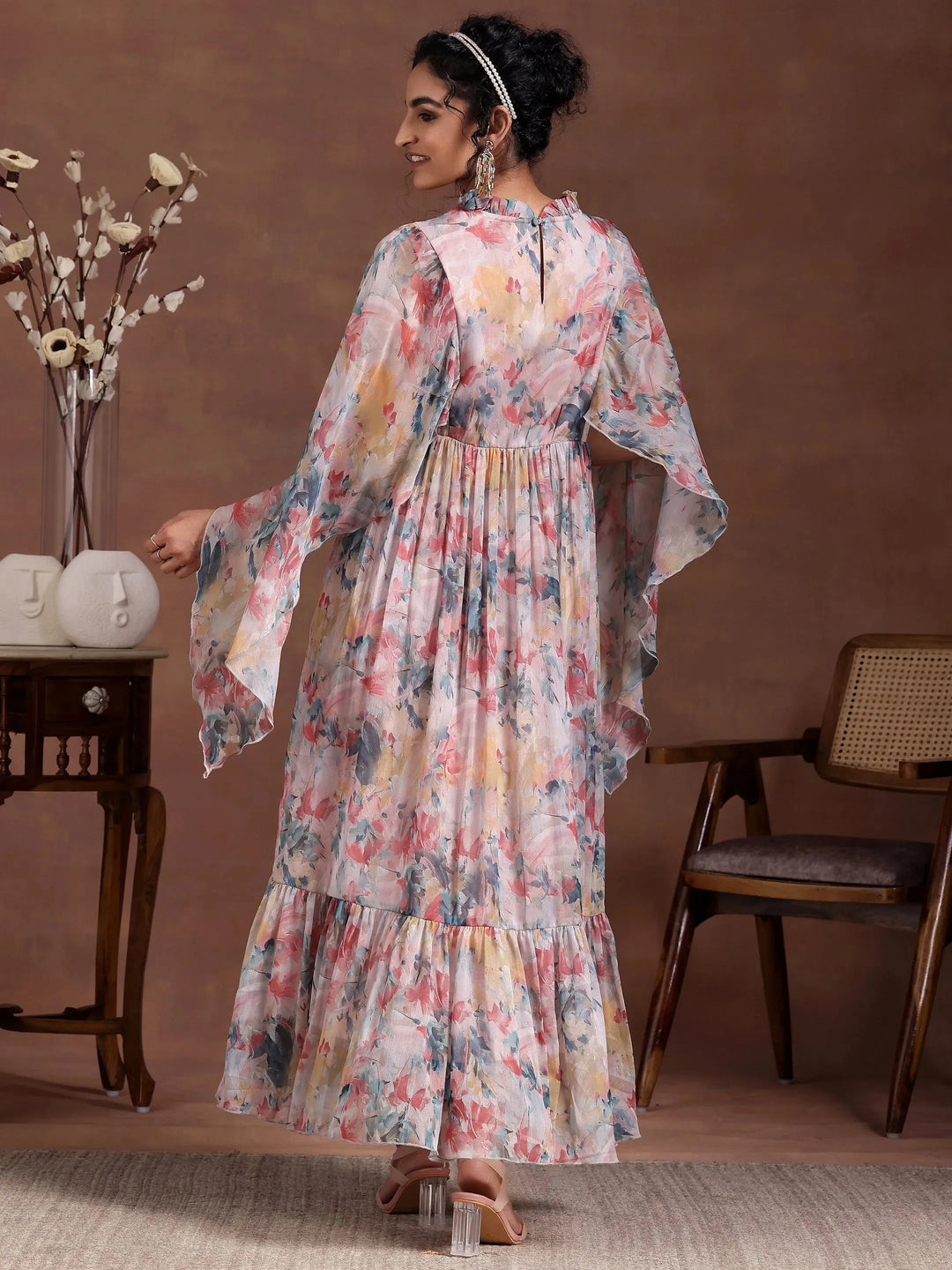  Multicoloured Printed Chiffon A-Line Dress 