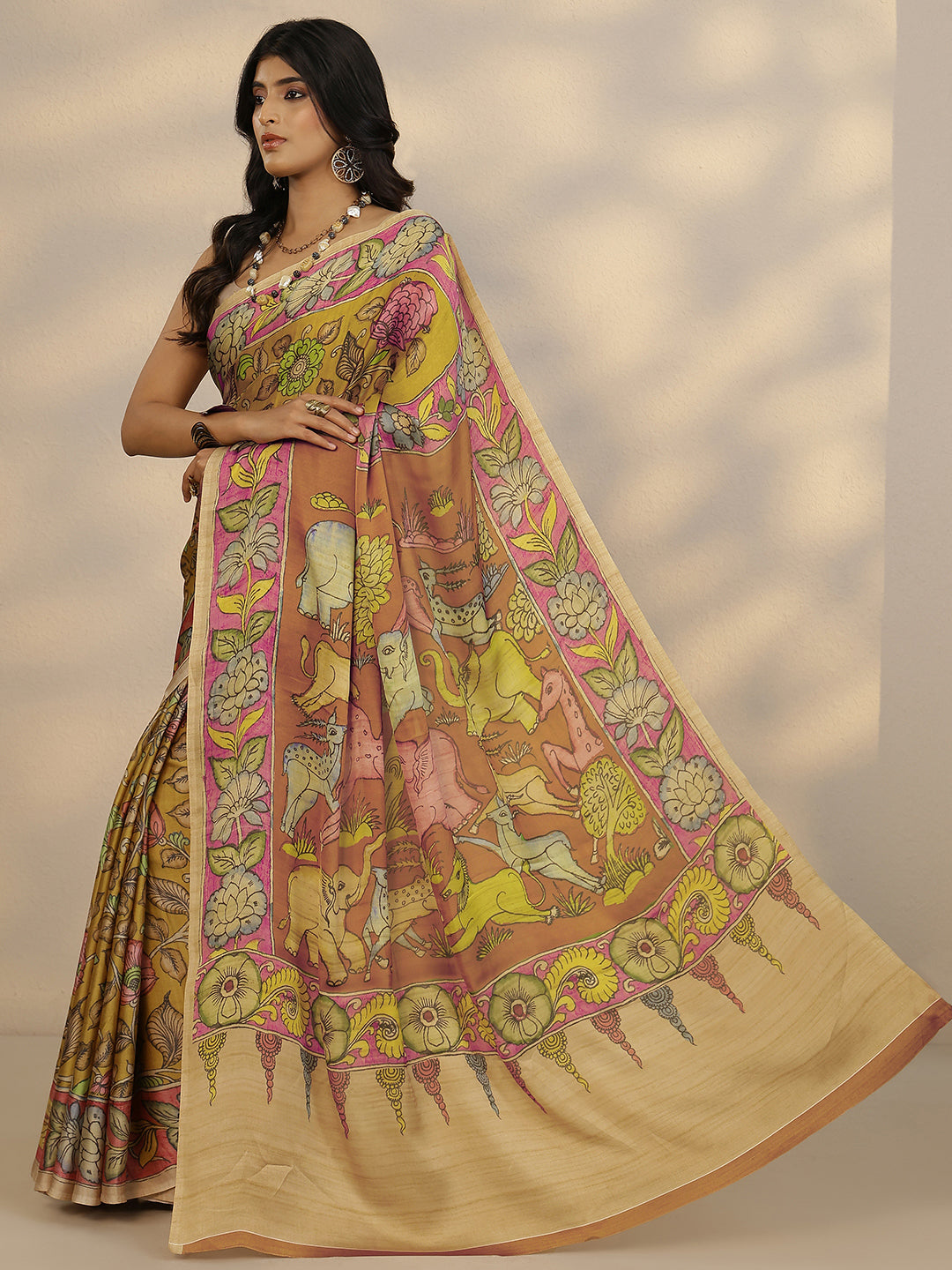  Mustard Printed Satin Saree With Unstitched Blouse Piece 