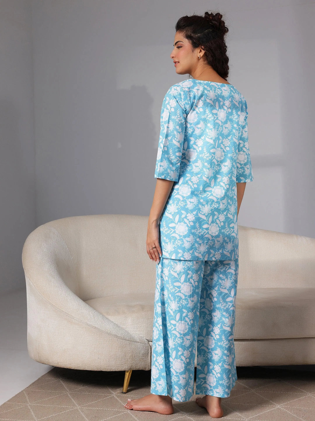 Blue Printed Cotton Night Suits - Libas 