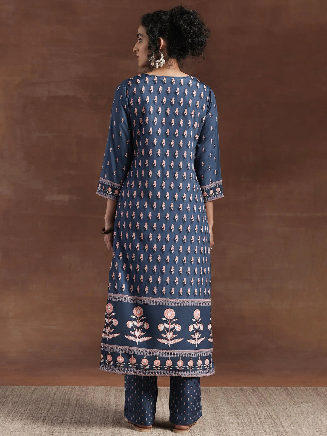 Blue Printed Poly Crepe Straight Kurta Set - Libas 