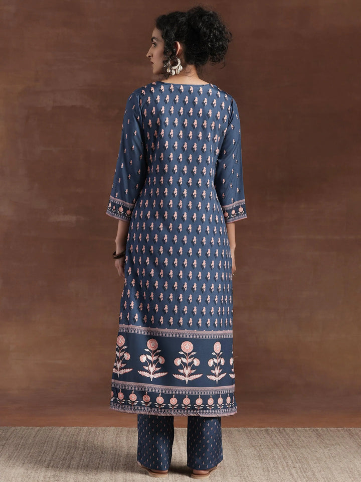 Blue Printed Poly Crepe Straight Kurta Set - Libas