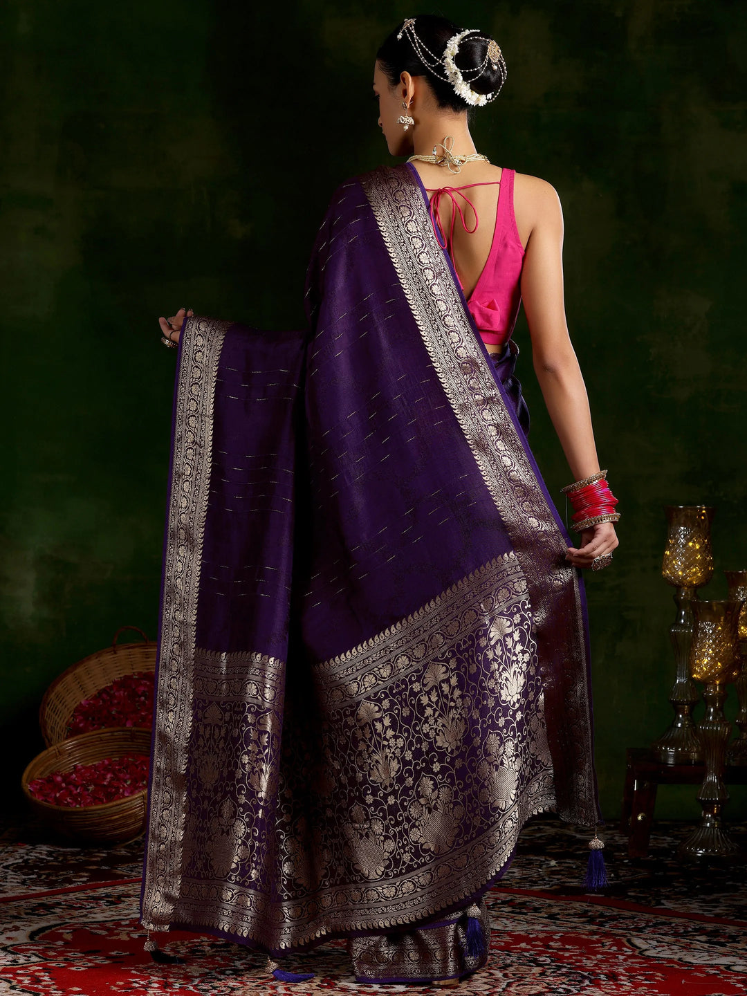  Purple Woven Design Silk Blend Saree With Unstitched Blouse Piece 