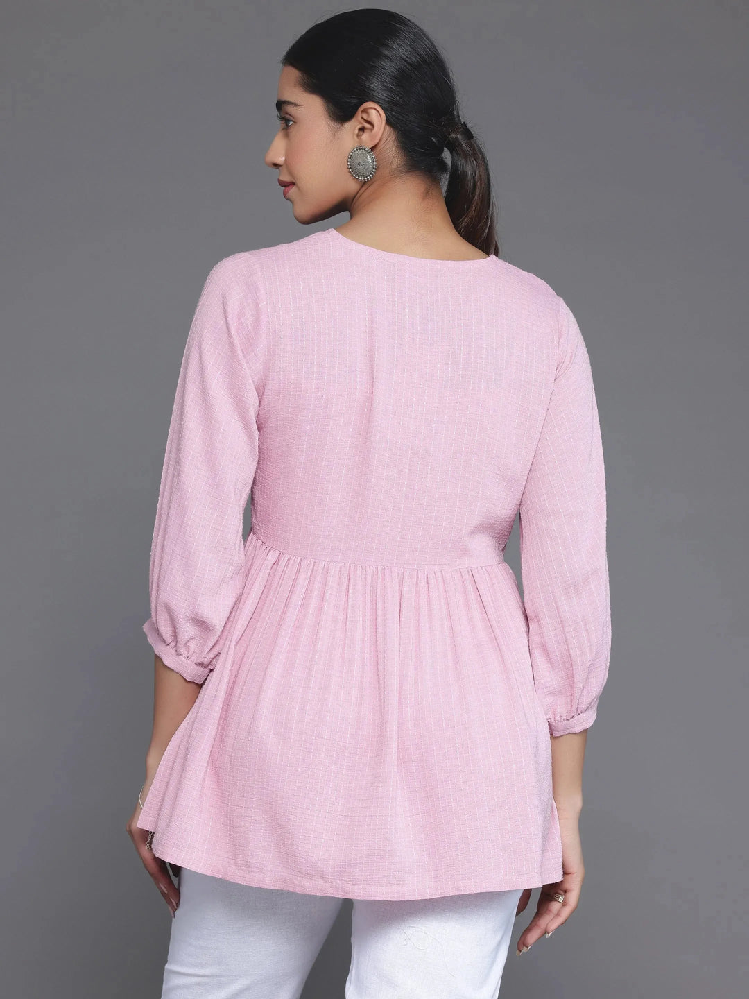  Pink Woven Design Cotton Blend A-Line Kurti 
