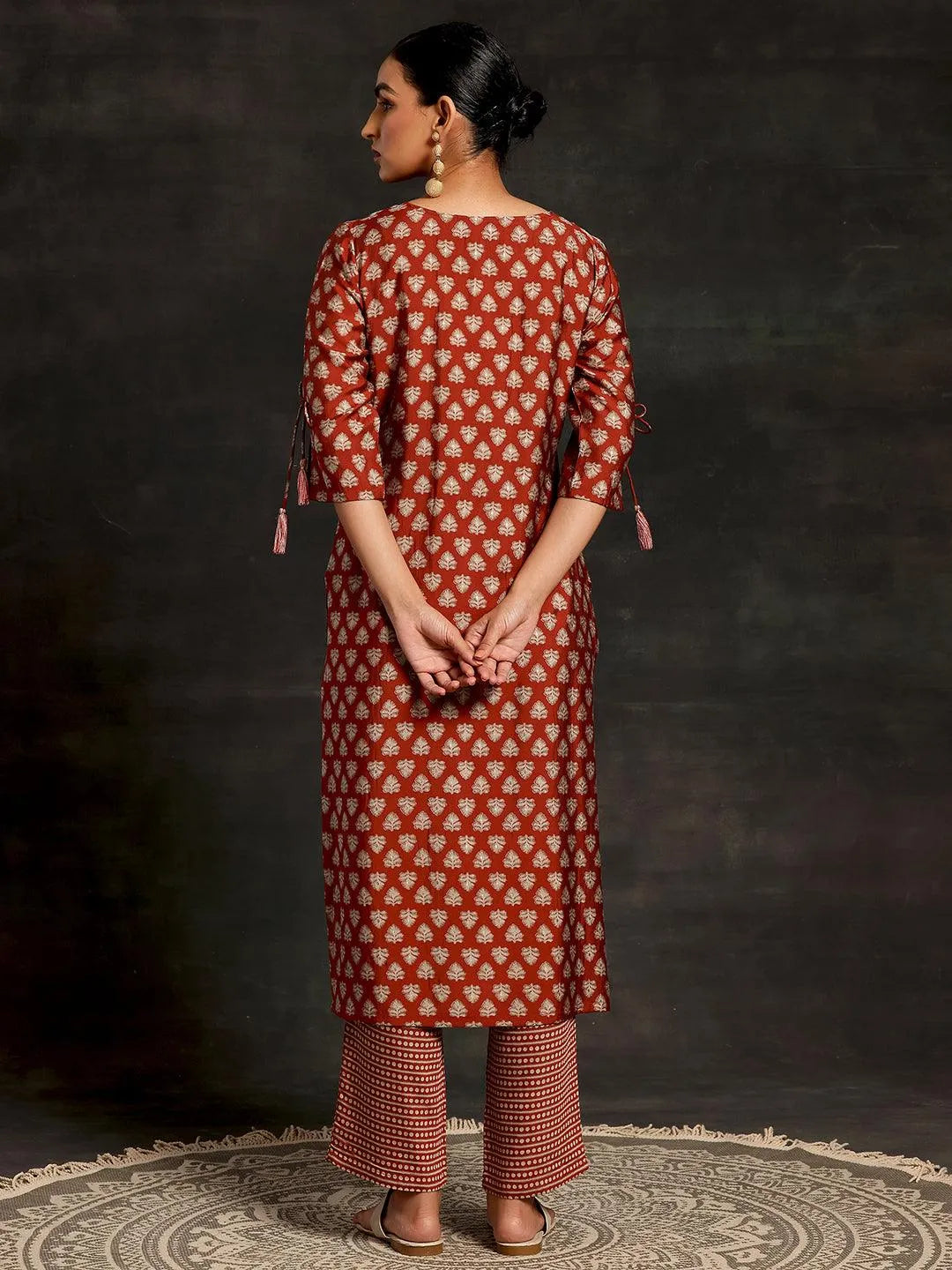 Rust Printed Silk Blend Straight Kurta Set - Libas 
