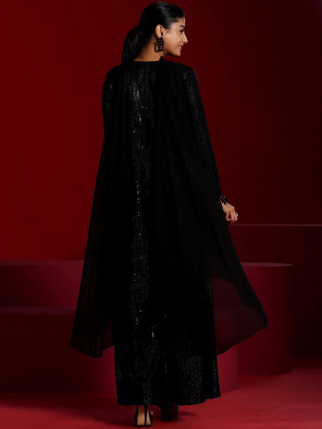  Libas Art Black Embroidered Georgette A-Line Kurta With Palazzos & Dupatta 