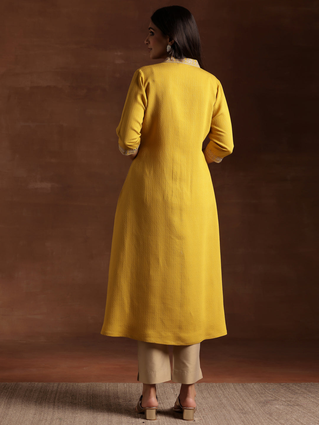  Yellow Yoke Design Silk A-Line Kurta 