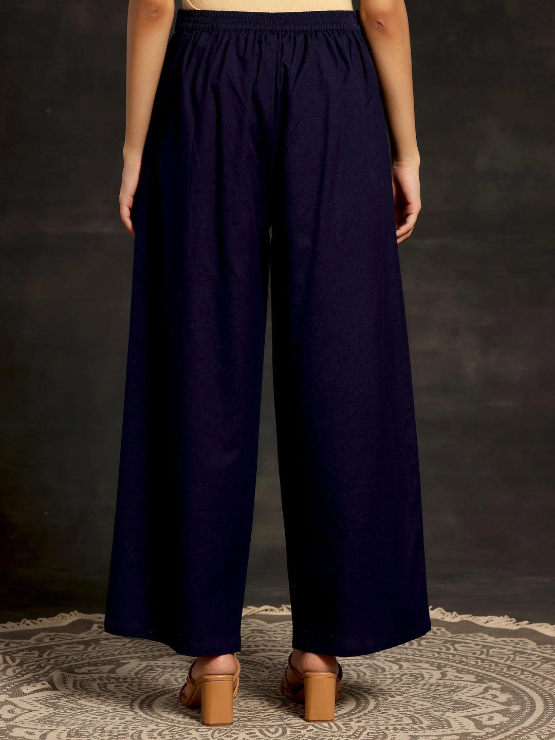 Navy Blue Solid Cotton Palazzos - Libas 