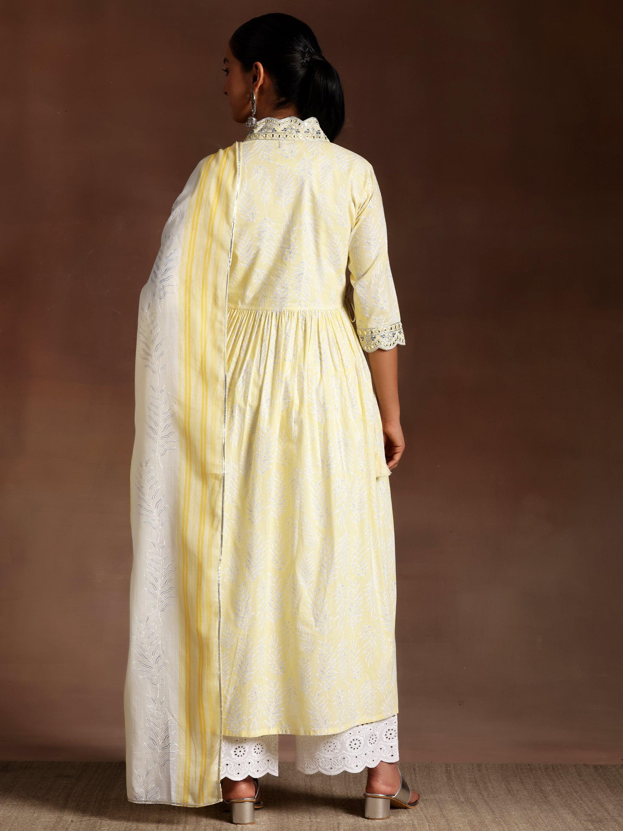 Mahnoor Yellow Printed Cotton A-Line Kurta With Palazzos & Dupatta