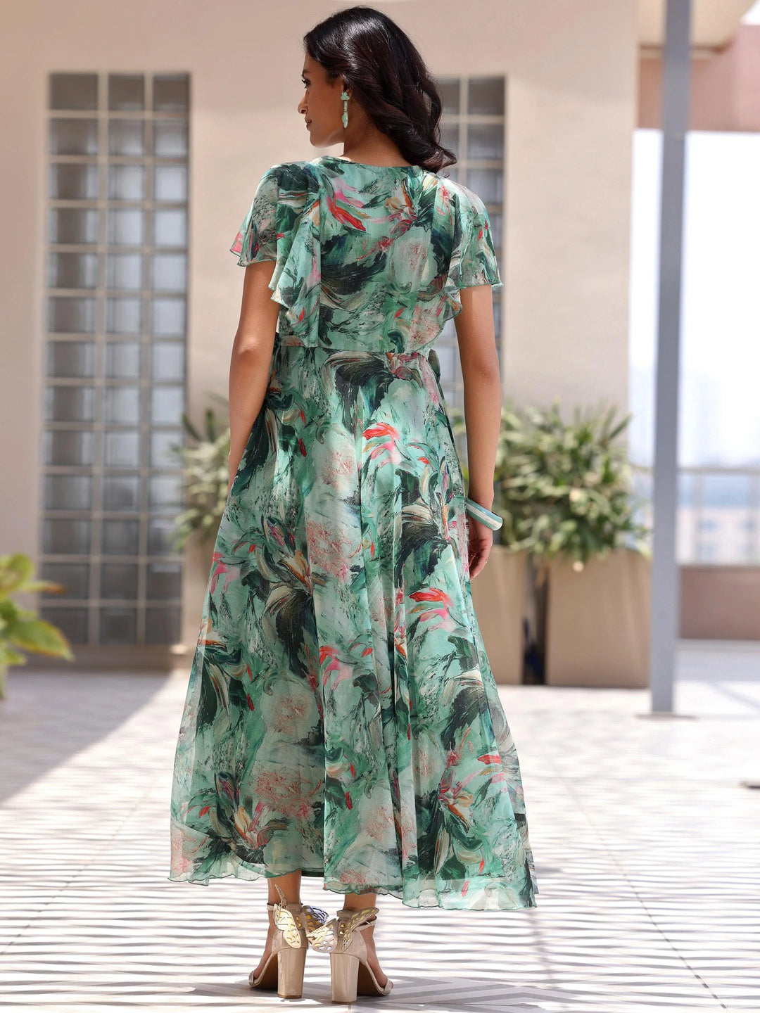 Green Printed Chiffon A-Line Dress With Belt - Libas 