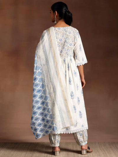 Gauhar White Printed Cotton A-Line Kurta With Salwar & Dupatta - Libas