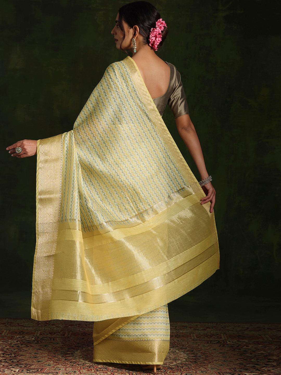 Yellow Printed Silk Blend Saree With Unstitched Blouse Piece
