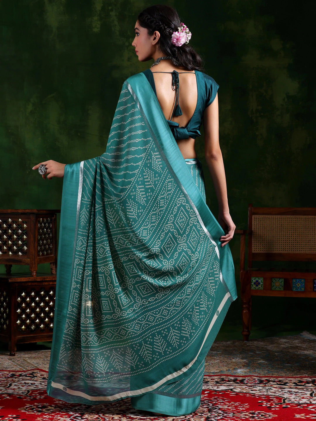 Green Printed Satin Saree With Unstitched Blouse Piece - Libas 