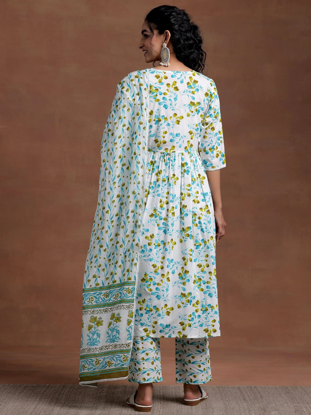Off White Printed Cotton A-Line Kurta With Palazzos & Dupatta - Libas 