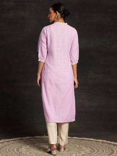 Purple Woven Design Cotton Straight Kurta - Libas