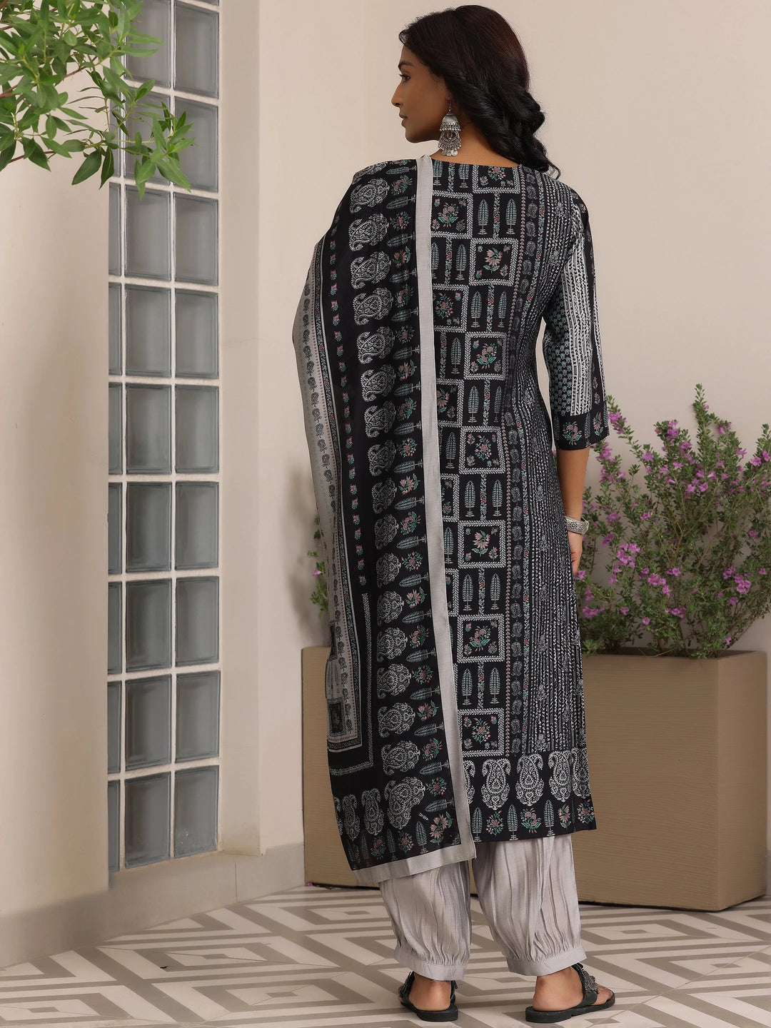  Black Printed Cotton Straight Suit With Dupatta 