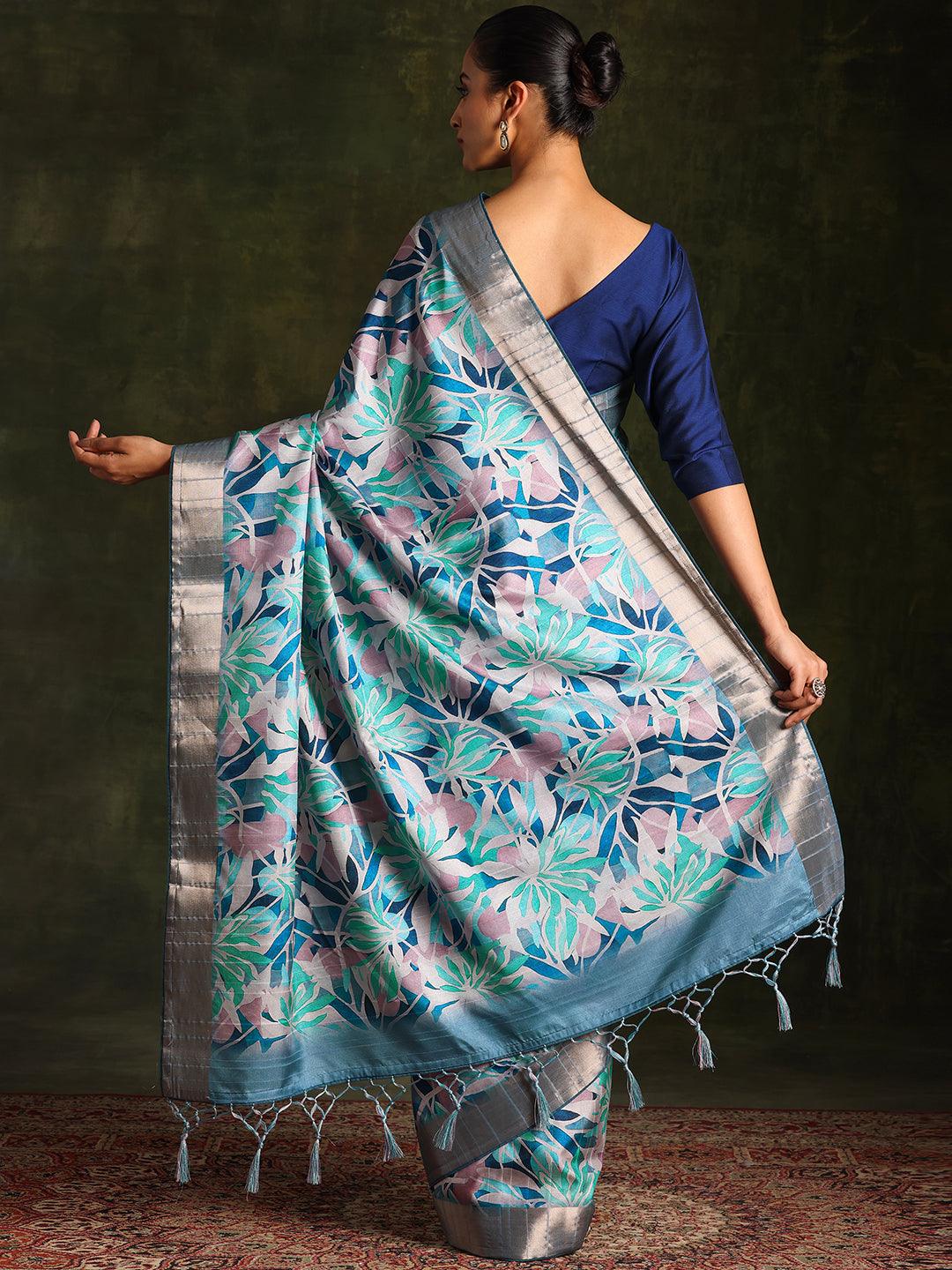 Blue Printed Silk Blend Saree With Unstitched Blouse Piece - Libas
