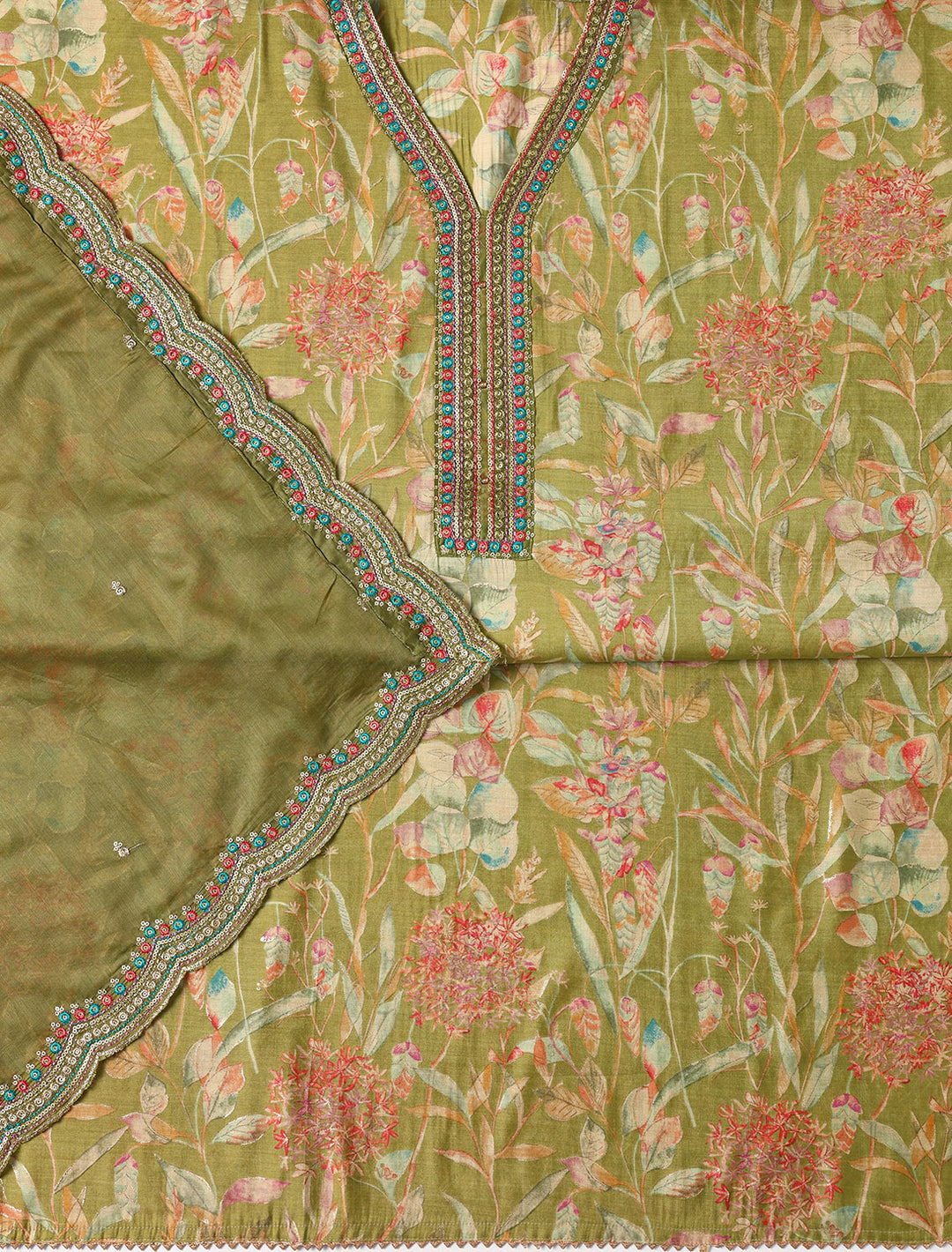  Green Printed Silk blend Dress Material With Dupatta 