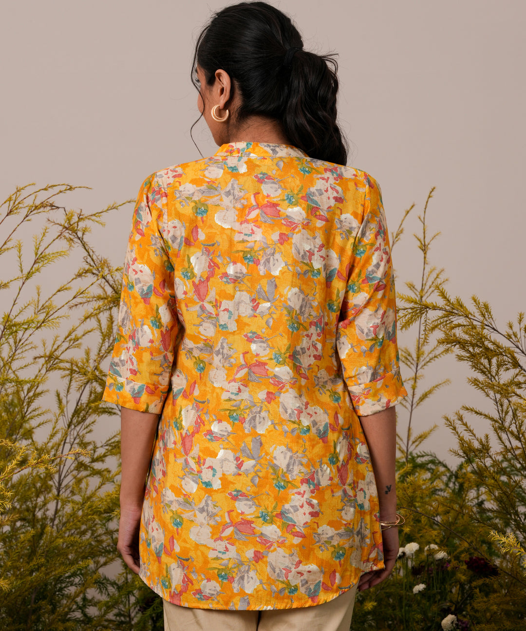  Yellow Printed Silk Blend Straight Short Kurti 