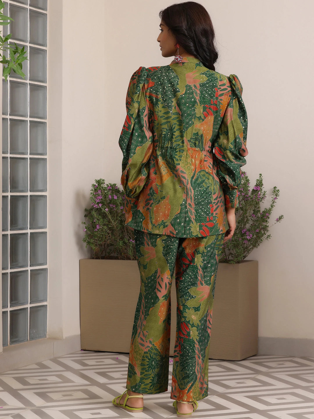  Green Printed Silk Blend Co-Ords 