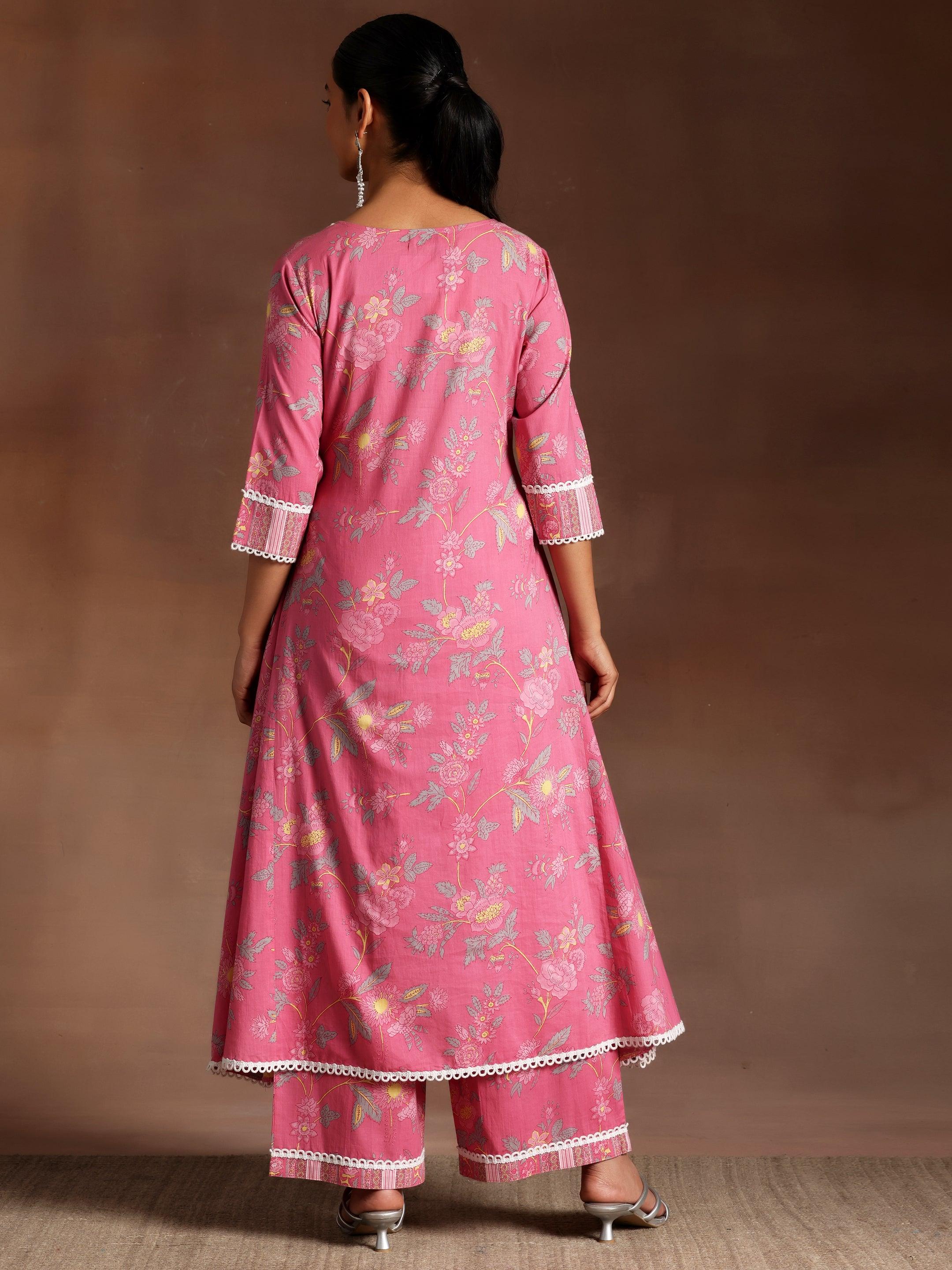 Rukhsaar Pink Printed Cotton A-Line Kurta With Palazzos