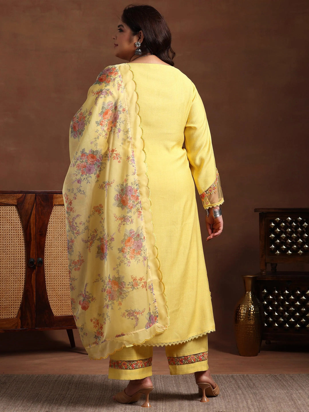 Plus Size Yellow Yoke Design Silk Blend Straight Suit With Dupatta - Libas 