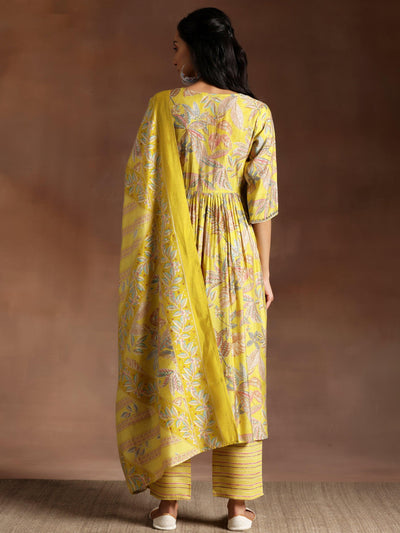 Aashna Mustard Printed Silk Blend A-Line Kurta With Palazzos & Dupatta - Libas