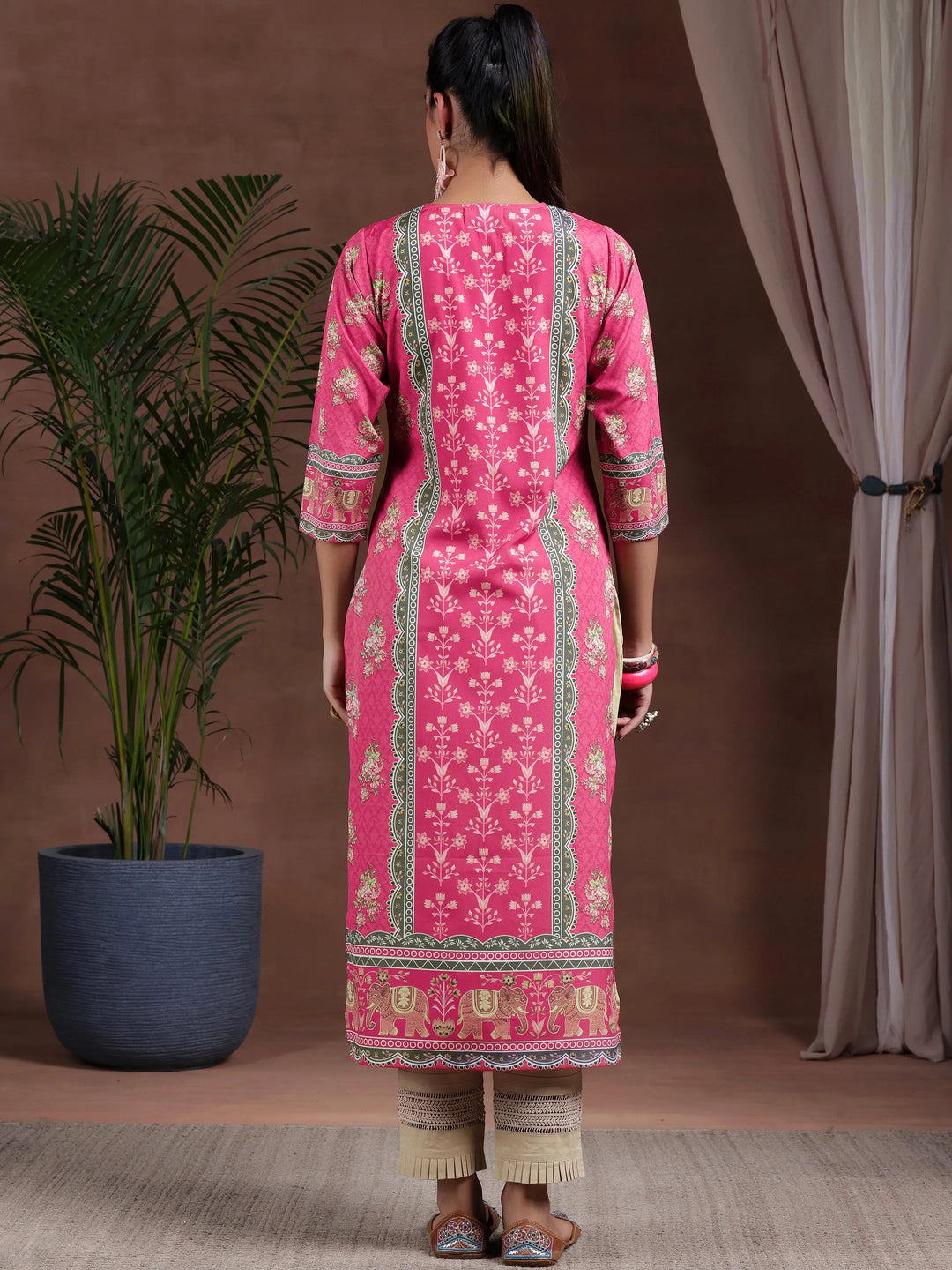  Peach Printed Crepe Straight Kurta 
