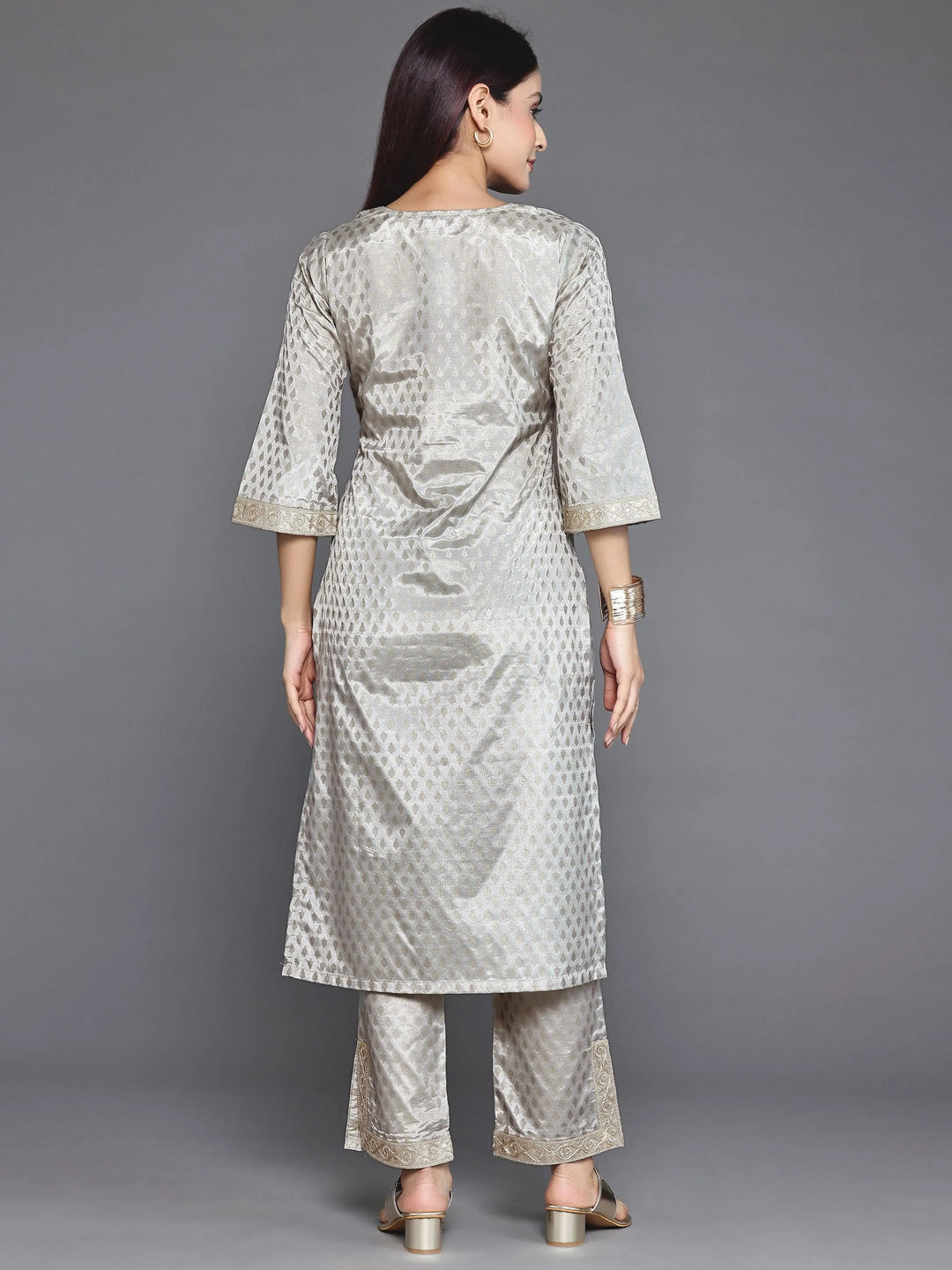 Grey Printed Silk Blend Straight Kurta Set - Libas 