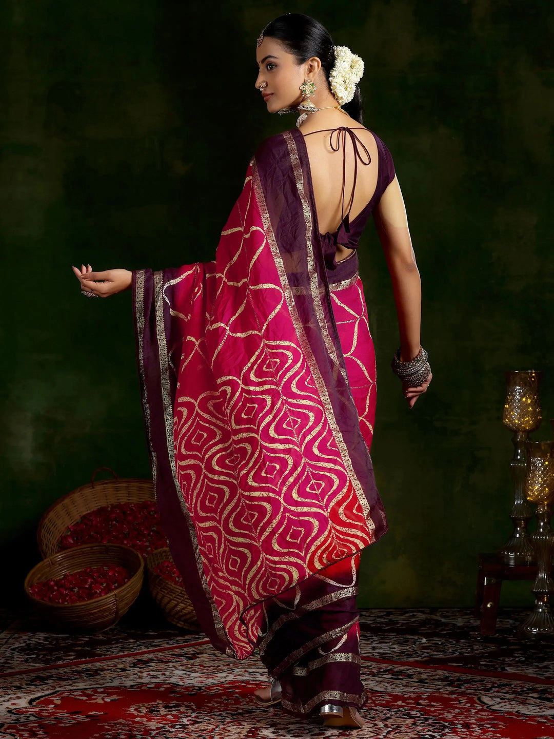  Pink Printed Chiffon Saree With Unstitched Blouse Piece 