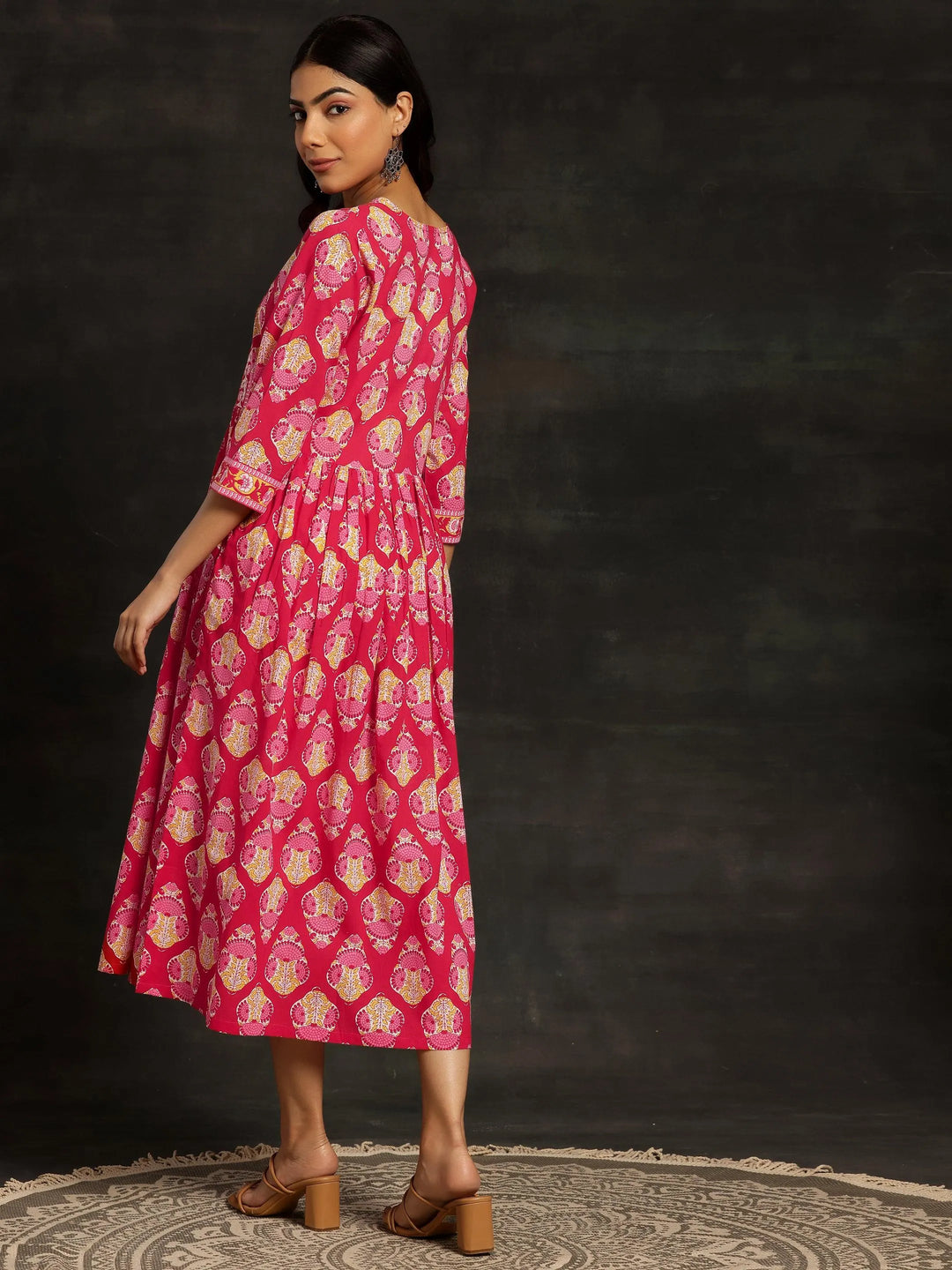 Red Printed Cotton Fit and Flare Dress - Libas 