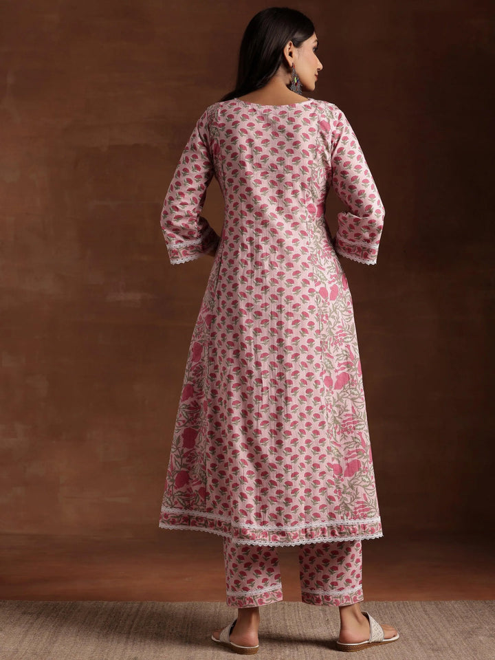 Pink Printed Cotton A-Line Kurta With Palazzos - Libas