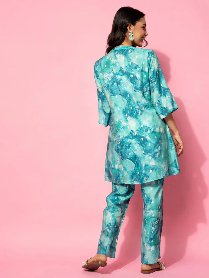 Blue Printed Silk Blend Co-Ords - Libas