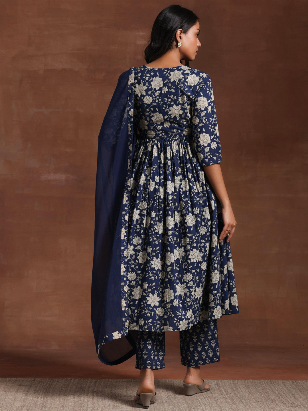 Blue Printed Pure Cotton Anarkali Suit With Dupatta - Libas
