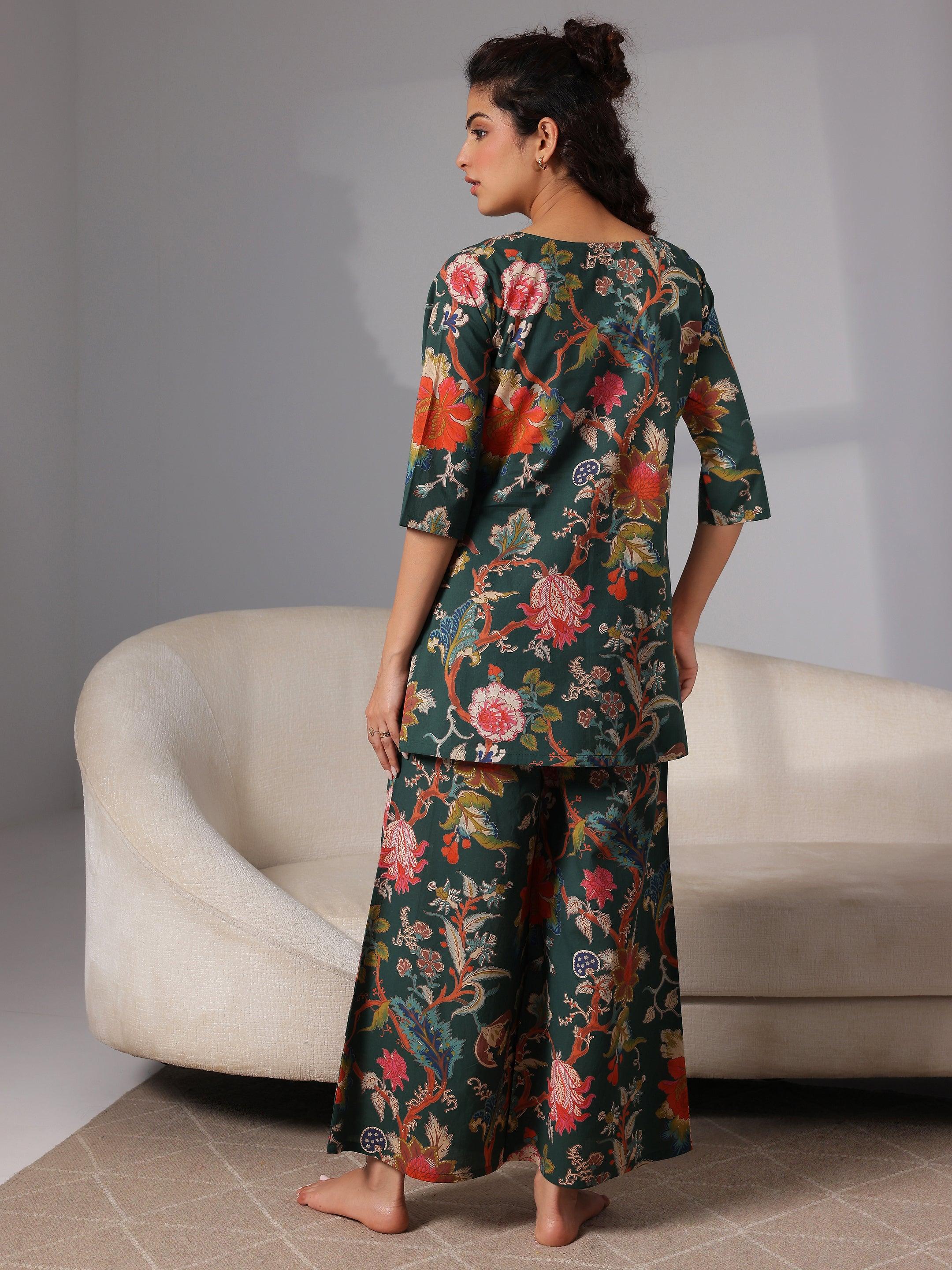 Green Printed Cotton Night Suits