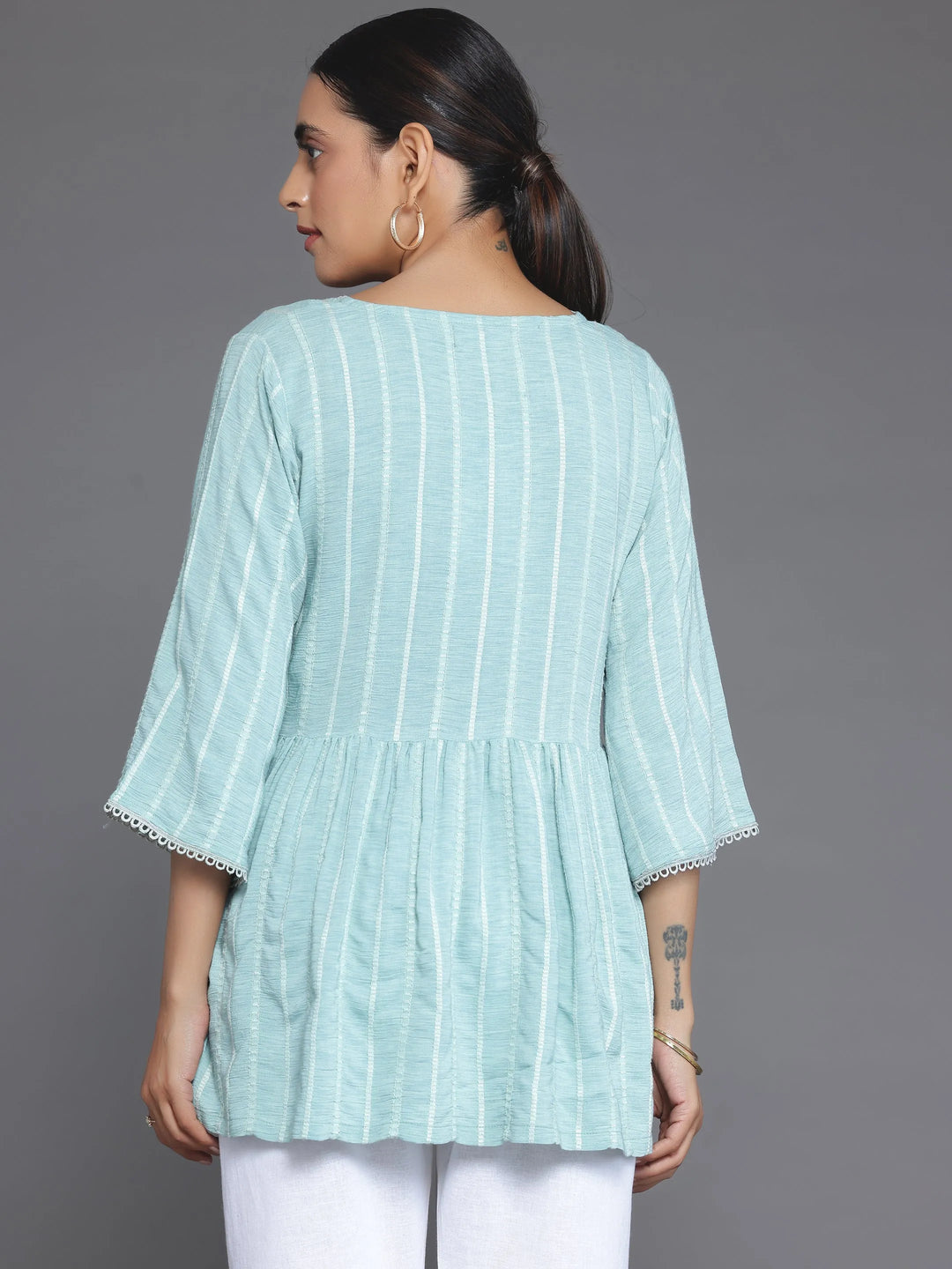  Blue Woven Design Cotton Blend A-Line Kurti 