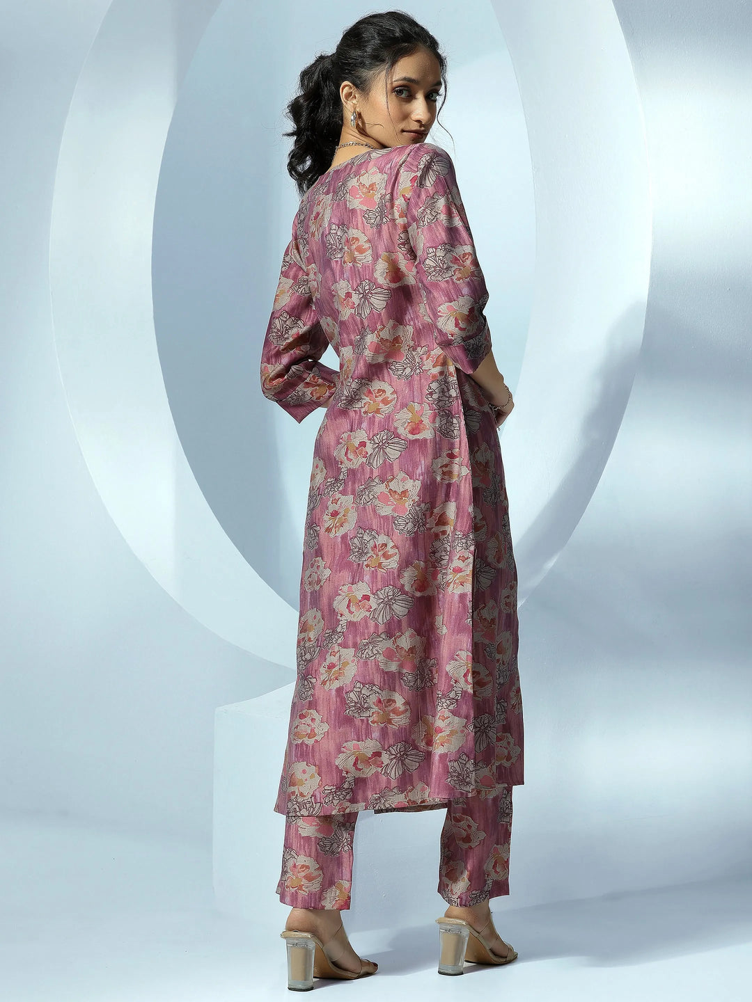  Mauve Printed Silk Blend Kurta Set 