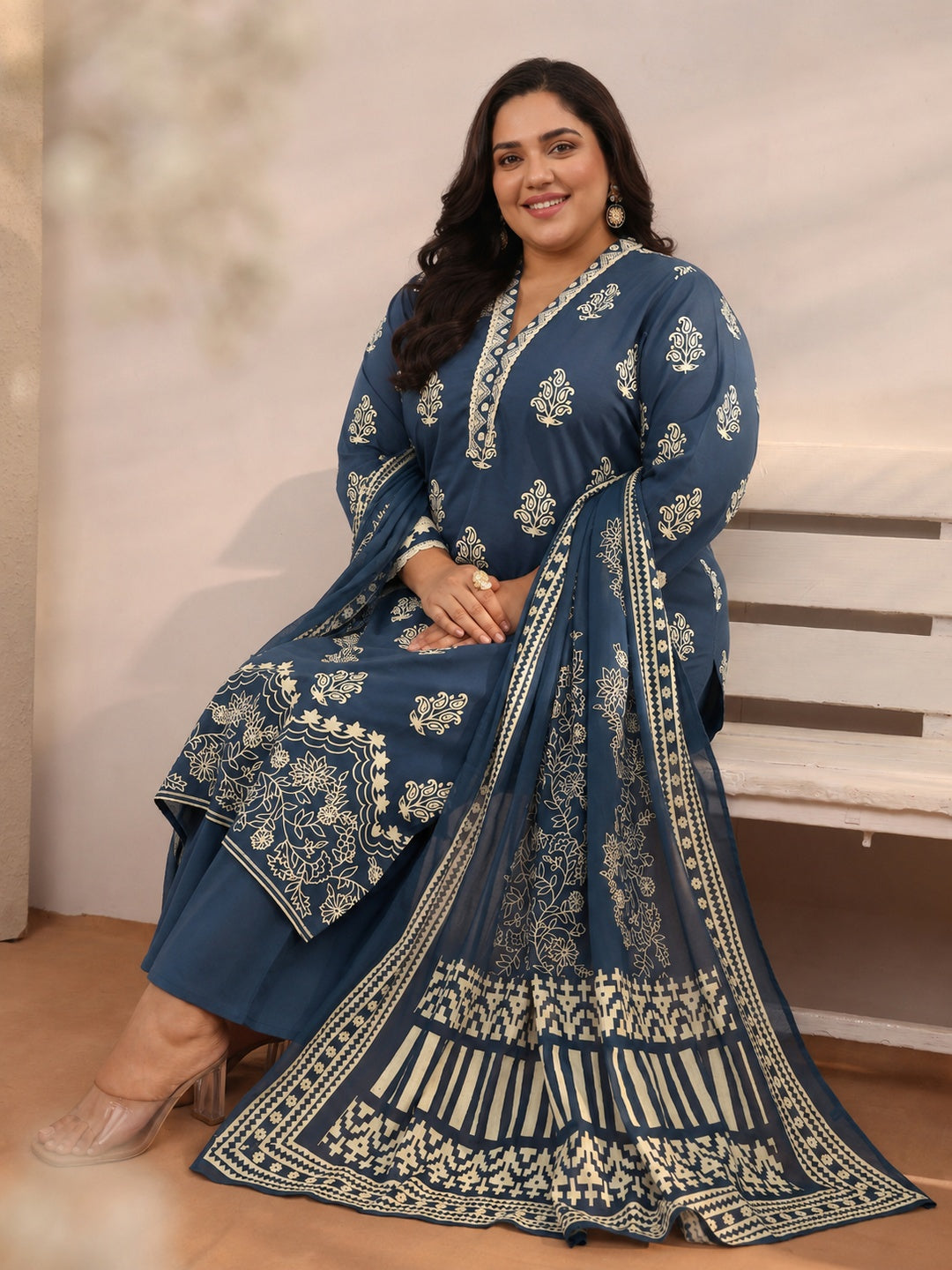 libas Plus Size Blue Floral Printed Cotton Blend Straight Suit Set-picture-21