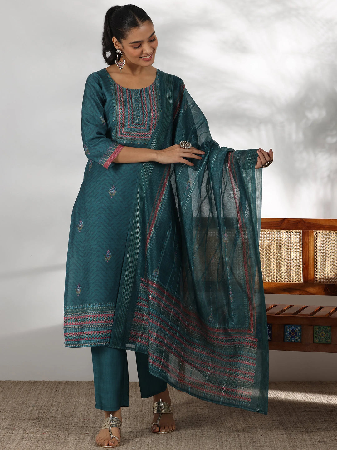  Teal Green Printed Silk Blend Straight Suit With Dupatta 
