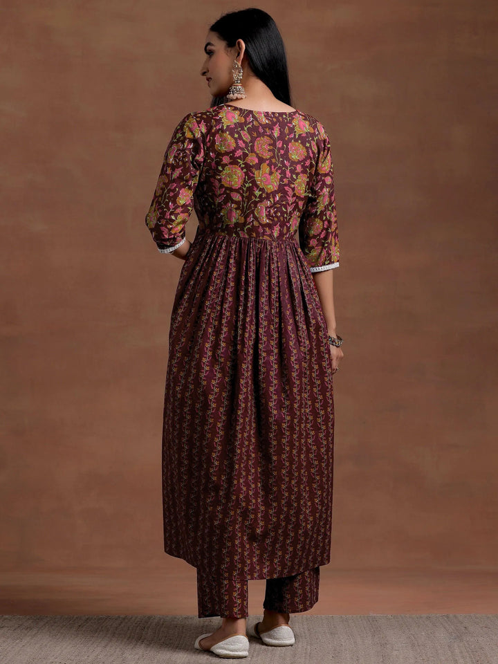 Rust Printed Cotton A-Line Kurta With Palazzos - Libas