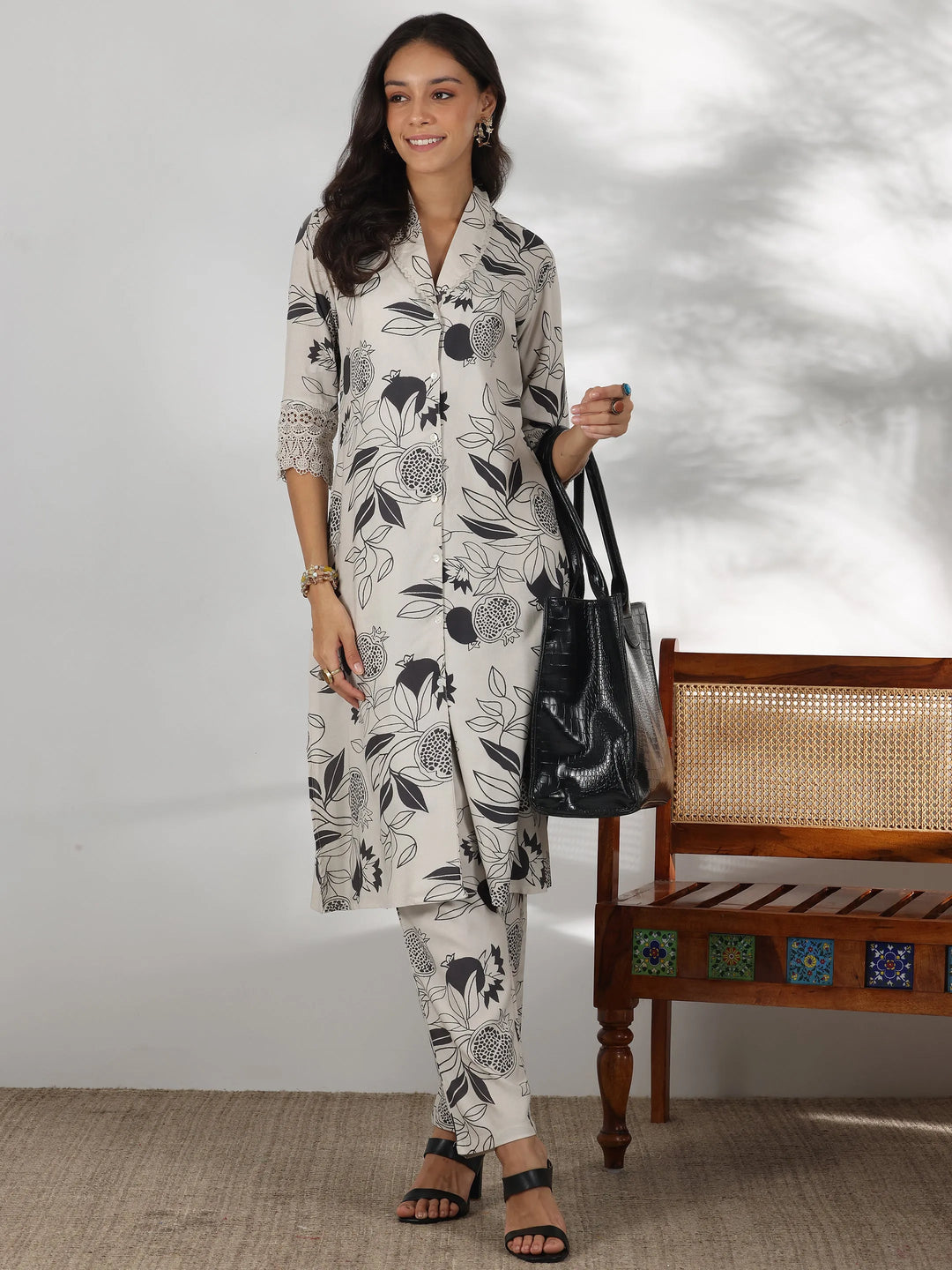  Off White Printed Silk Blend Co-Ords 