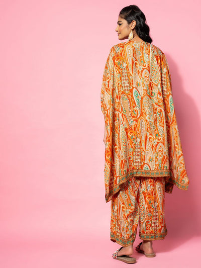 Orange Printed Silk Blend Co-Ords - Libas