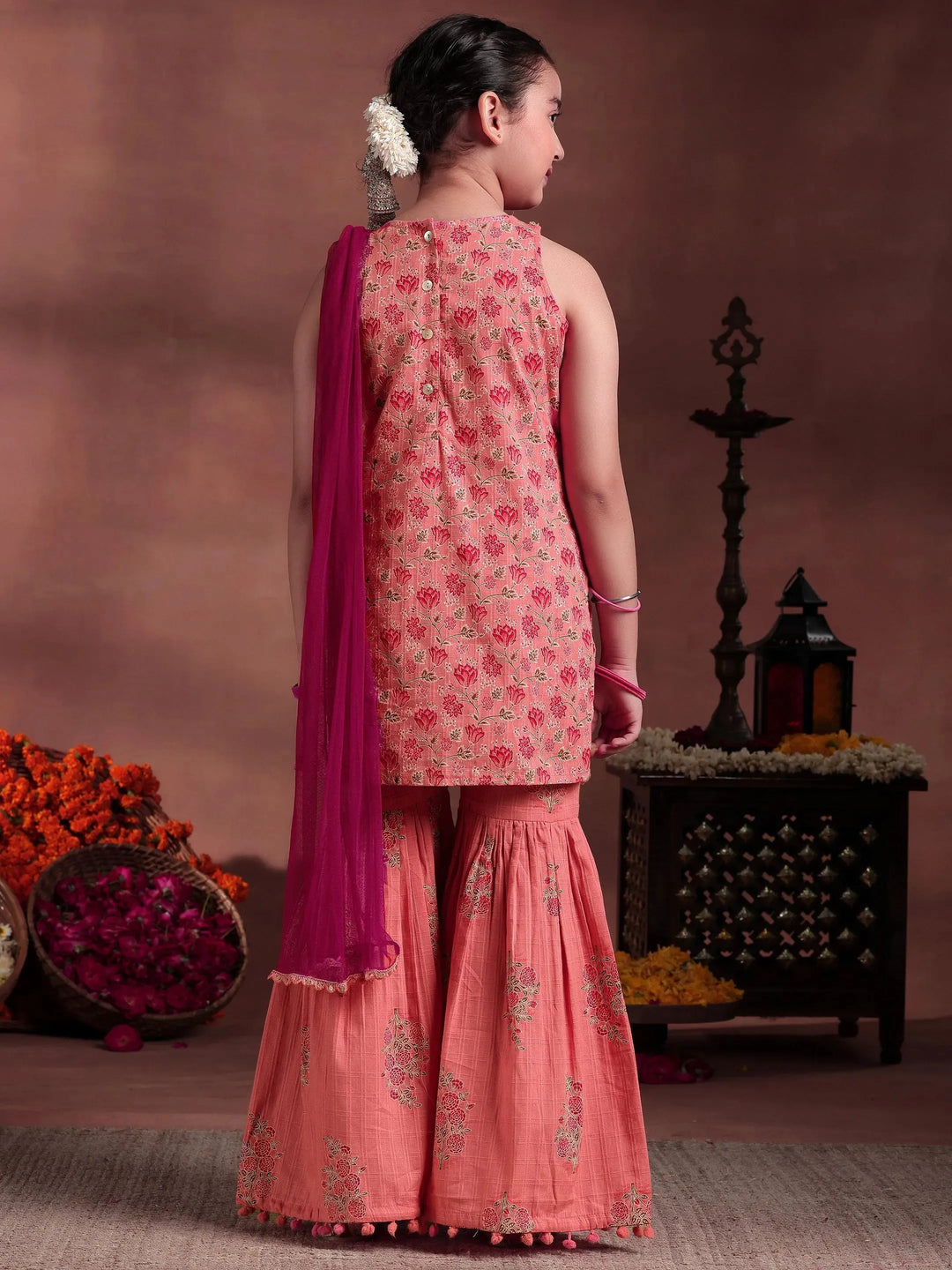  Kids Peach Printed Cotton Straight Suit With Dupatta 