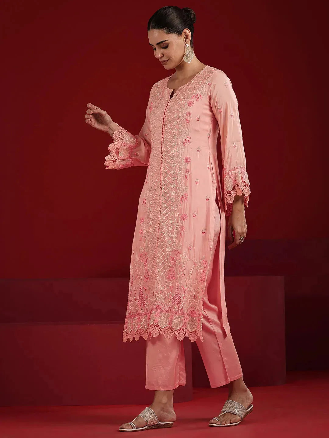  Libas Art Peach Embroidered Organza Straight Suit Set With Dupatta 